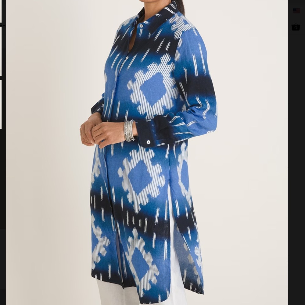 Chico’s Women’s Long Sleeve Ikat-Print Linen Tunic-Size 2(12/14)-NWT